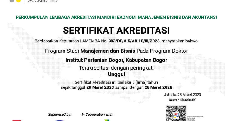 303 Sertifikat Peringkat Akreditasi Doktor Manajemen dan Bisnis Institut Pertanian Bogor