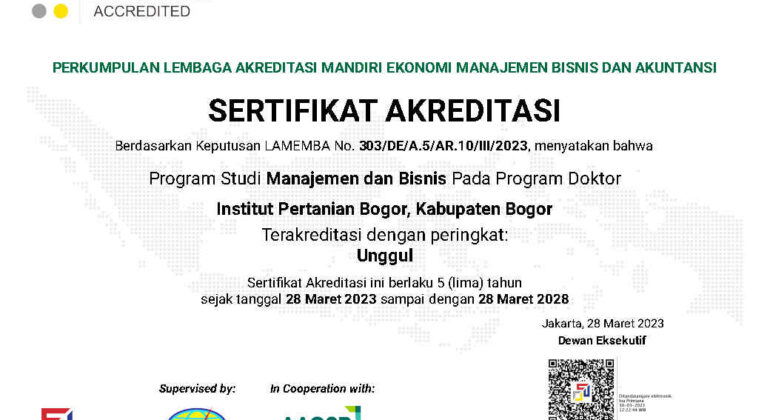 303 Sertifikat Peringkat Akreditasi Doktor Manajemen dan Bisnis Institut Pertanian Bogor